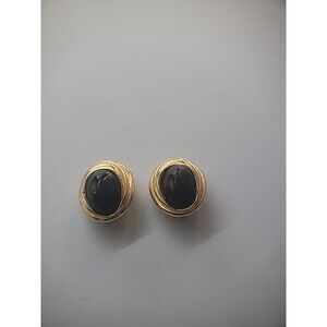 Vintage Ciner Earrings Clip On Gold Tone Ribbed Black Stone Jewelry Costume